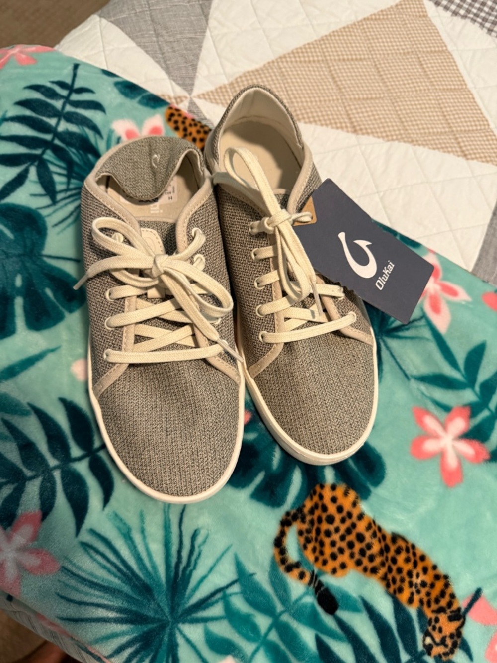 OluKai Pehuea Li W Women's Taupe Mesh Sneakers with White Sand Accents